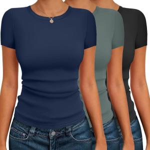 Ekouaer Womens Short Sleeve Shirts 3 Pack Crew Neck Tops Slim Fit Basic Tees Trendy Clothes Base Layer(3pcs Black/ Sage Green/ Navy Blue)