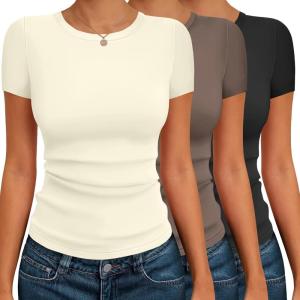 Ekouaer Womens Short Sleeve Shirts 3 Pack Crew Neck Tops Slim Fit Basic Tees Trendy Clothes Base Layer(3pcs Black/ Tea Leaf/ Beige)