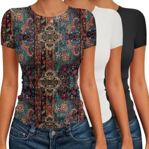 Ekouaer Womens Short Sleeve Shirts 3 Pack Crew Neck Tops Slim Fit Basic Tees Trendy Clothes Base Layer(3pcs Black/ White/ Boho Floral)