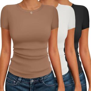 Ekouaer Womens Short Sleeve Shirts 3 Pack Crew Neck Tops Slim Fit Basic Tees Trendy Clothes Base Layer(3pcs Black/ White/ Brown)