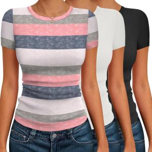 Ekouaer Womens Short Sleeve Shirts 3 Pack Crew Neck Tops Slim Fit Basic Tees Trendy Clothes Base Layer(3pcs Black/ White/ Striped Pink Blue)