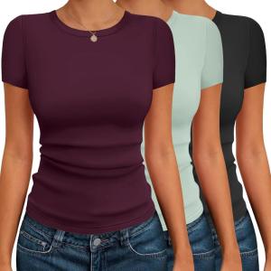 Ekouaer Womens Short Sleeve Shirts 3 Pack Crew Neck Tops Slim Fit Basic Tees Trendy Clothes Base Layer(3pcs Black/ Wine Red/ Light Green)