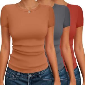 Ekouaer Womens Short Sleeve Shirts 3 Pack Crew Neck Tops Slim Fit Basic Tees Trendy Clothes Base Layer(3pcs Caramel/ Dark Gray/ Red)