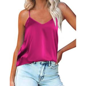 Ekouaer Womens Silk Satin Tank Tops V Neck Camisole Spaghetti Strap Top Summer Basic Blouse(Rose)