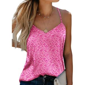 Ekouaer Womens Silk Satin Tank Tops V Neck Camisole Spaghetti Strap Top Summer Basic Blouse(Rose Leopard)