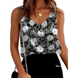Ekouaer Womens Silk Satin Tank Tops V Neck Casual Cami Sleeveless Camisole Blouses Summer Basic Tank Shirt(Black/White Flower)