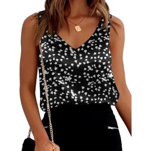 Ekouaer Womens Silk Satin Tank Tops V Neck Casual Cami Sleeveless Camisole Blouses Summer Basic Tank Shirt(Black/White Point)