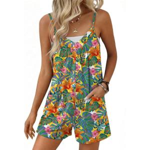 Ekouaer Womens Summer Casual Sleeveless Rompers 2026 Floral Loose Shorts Overalls Adjustable Boho Jumpsuits with Pockets(Green Leaves Floral)
