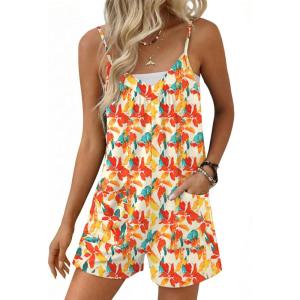 Ekouaer Womens Summer Casual Sleeveless Rompers 2026 Floral Loose Shorts Overalls Adjustable Boho Jumpsuits with Pockets(Yellow Leaves Print)