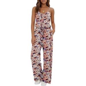 Ekouaer Womens Summer Jumpsuits Dressy Sleeveless Wide Leg Long Pants Rompers Casual One Piece Outfits with Pockets(Black Floral)