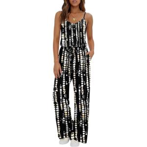 Ekouaer Womens Summer Jumpsuits Dressy Sleeveless Wide Leg Long Pants Rompers Casual One Piece Outfits with Pockets(Black White Tie Dye)