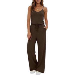 Ekouaer Womens Summer Jumpsuits Dressy Sleeveless Wide Leg Long Pants Rompers Casual One Piece Outfits with Pockets(Brown)