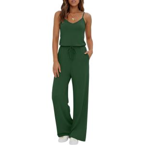 Ekouaer Womens Summer Jumpsuits Dressy Sleeveless Wide Leg Long Pants Rompers Casual One Piece Outfits with Pockets(Green)