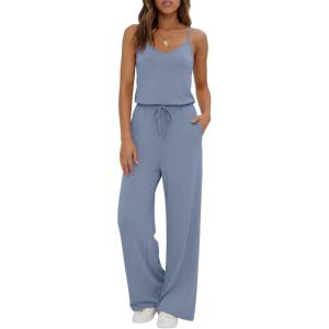 Ekouaer Womens Summer Jumpsuits Dressy Sleeveless Wide Leg Long Pants Rompers Casual One Piece Outfits with Pockets(Grey Blue)