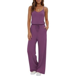 Ekouaer Womens Summer Jumpsuits Dressy Sleeveless Wide Leg Long Pants Rompers Casual One Piece Outfits with Pockets(Purple)