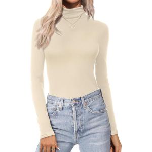 Ekouaer Women’s Turtleneck Long Sleeve Shirts Thermal Underwear Tops Basic Slim Fit Fall Fashion Lightweight Top(Light Khaki)