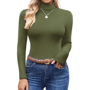Ekouaer Women’s Turtleneck Shirts Ribbed Pullover Sweater Long Sleeves Tops Midweight Thermal Underwear Blouse(Army Green)