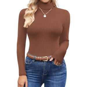 Ekouaer Women’s Turtleneck Shirts Ribbed Pullover Sweater Long Sleeves Tops Midweight Thermal Underwear Blouse(Brown-2)