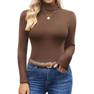Ekouaer Women’s Turtleneck Shirts Ribbed Pullover Sweater Long Sleeves Tops Midweight Thermal Underwear Blouse(Deep Brown)