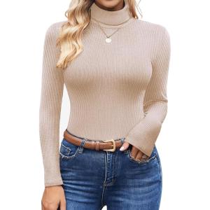 Ekouaer Women’s Turtleneck Shirts Ribbed Pullover Sweater Long Sleeves Tops Midweight Thermal Underwear Blouse(Khaki)