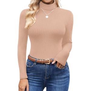 Ekouaer Women’s Turtleneck Shirts Ribbed Pullover Sweater Long Sleeves Tops Midweight Thermal Underwear Blouse(Light Brown-2)