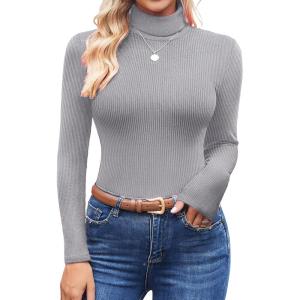 Ekouaer Women’s Turtleneck Shirts Ribbed Pullover Sweater Long Sleeves Tops Midweight Thermal Underwear Blouse(Medium Gray)