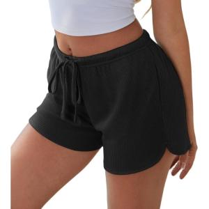 Ekouaer Womens Waffle Knit Pajama Shorts Soft Drawstring Lounge bottoms Casual Workout Shorts with Pockets(Black)