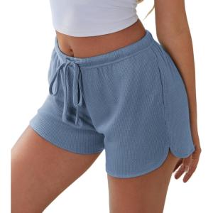 Ekouaer Womens Waffle Knit Pajama Shorts Soft Drawstring Lounge bottoms Casual Workout Shorts with Pockets(Blue)