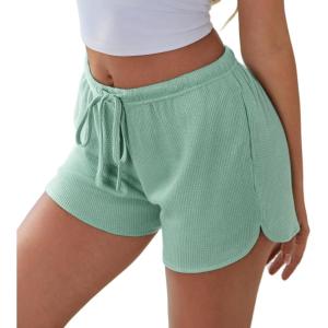 Ekouaer Womens Waffle Knit Pajama Shorts Soft Drawstring Lounge bottoms Casual Workout Shorts with Pockets(Light Green)