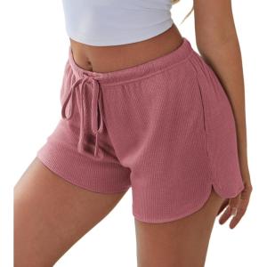 Ekouaer Womens Waffle Knit Pajama Shorts Soft Drawstring Lounge bottoms Casual Workout Shorts with Pockets(Pink)