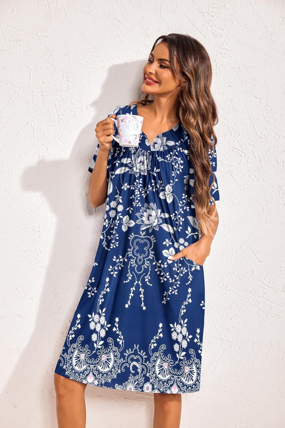 imageEkouaer 2 Pack House Dresses for Women with Pockets Short Sleeve Moo Moos Floral Print Mumu DressesBlue FloralEvening Blue Vines