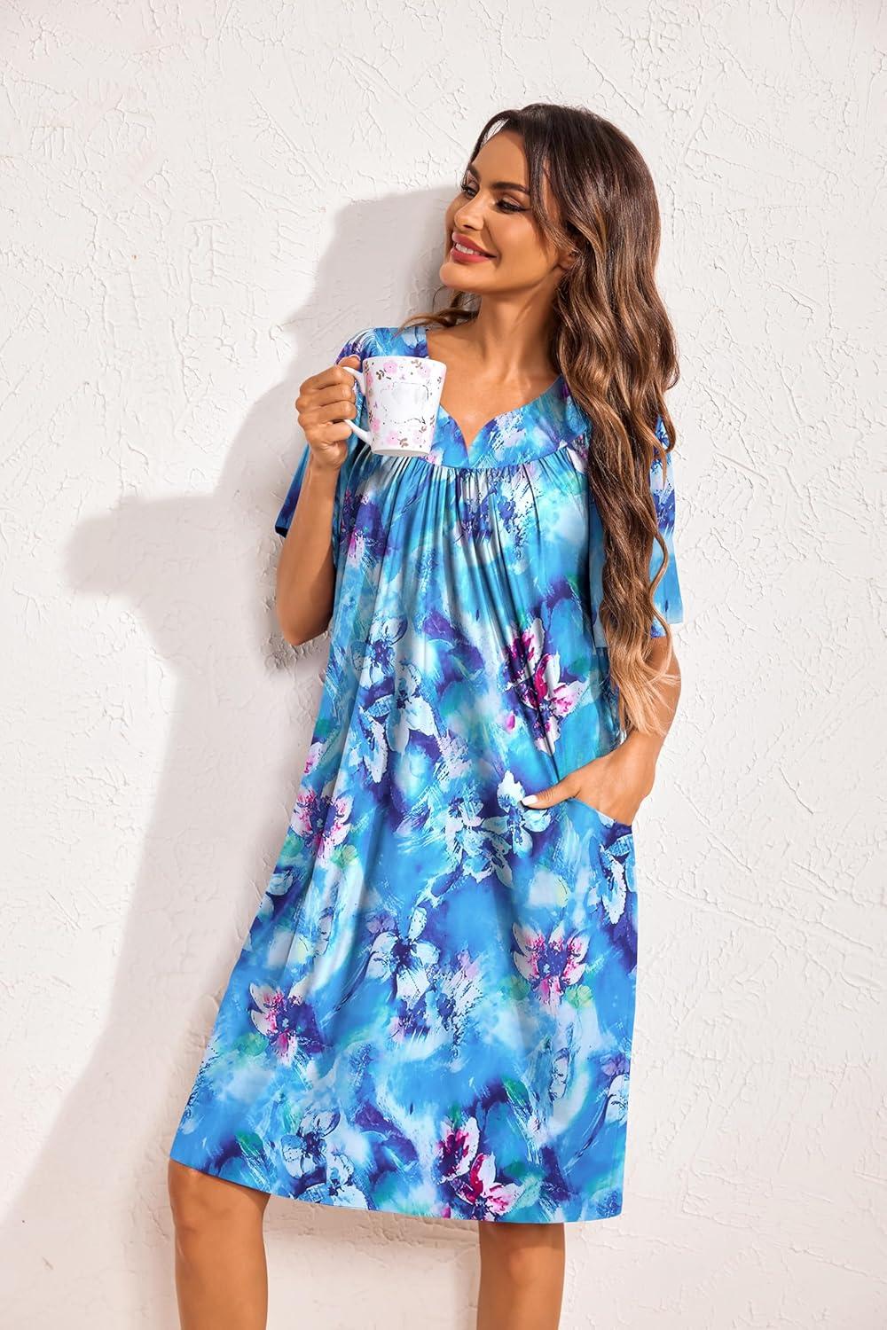 imageEkouaer 2 Pack House Dresses for Women with Pockets Short Sleeve Moo Moos Floral Print Mumu DressesBlue FloralPurple Black Floral