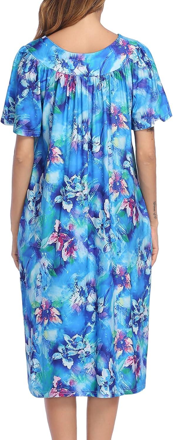 imageEkouaer 2 Pack House Dresses for Women with Pockets Short Sleeve Moo Moos Floral Print Mumu DressesBlue FloralPurple Black Floral