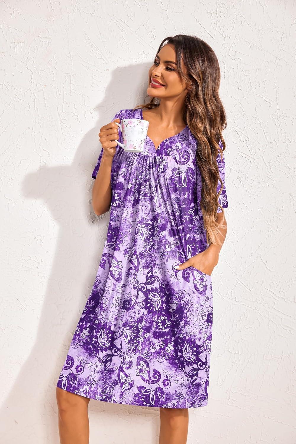 imageEkouaer 2 Pack House Dresses for Women with Pockets Short Sleeve Moo Moos Floral Print Mumu DressesBlue FloralPurple Floral
