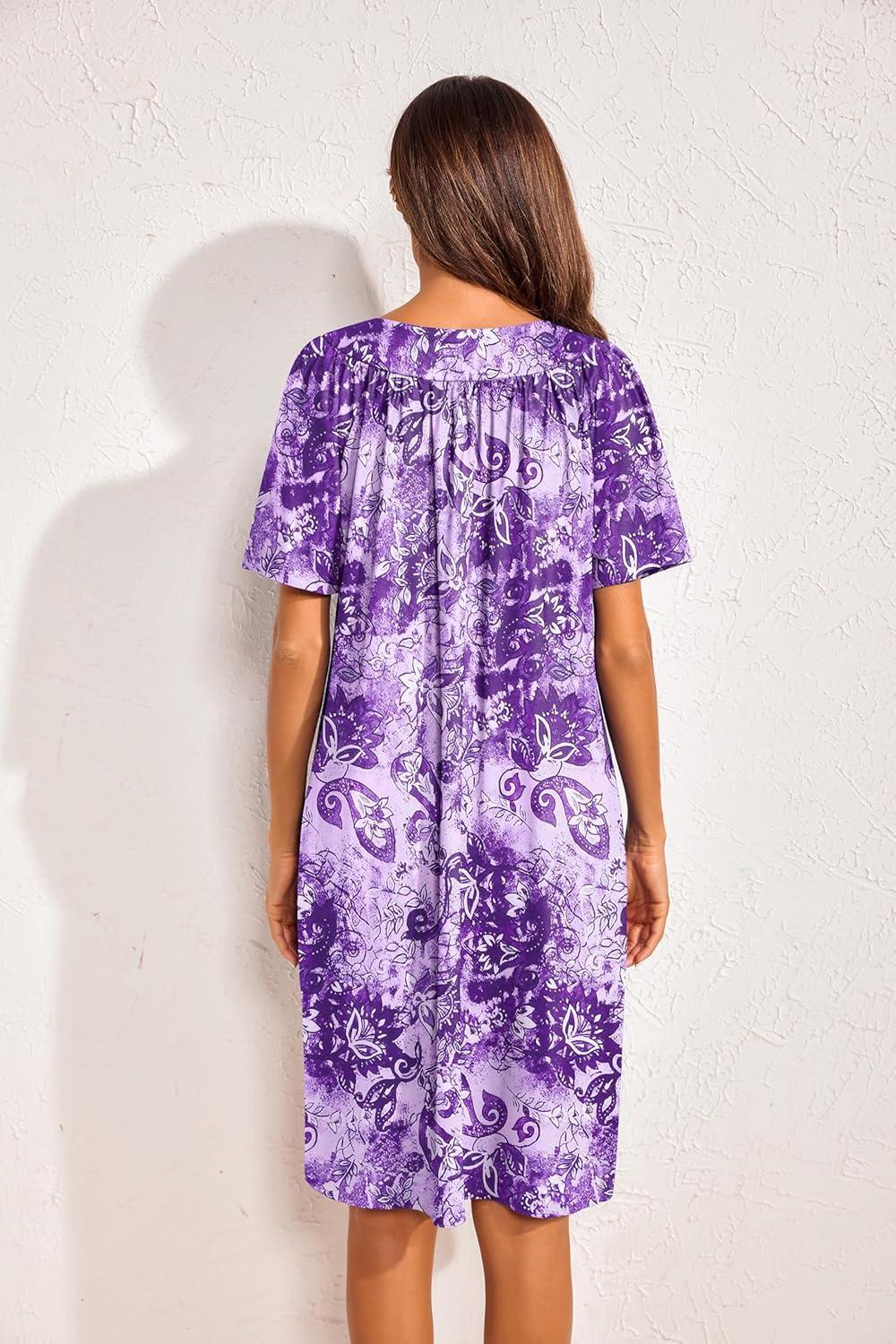 imageEkouaer 2 Pack House Dresses for Women with Pockets Short Sleeve Moo Moos Floral Print Mumu DressesBlue FloralPurple Floral