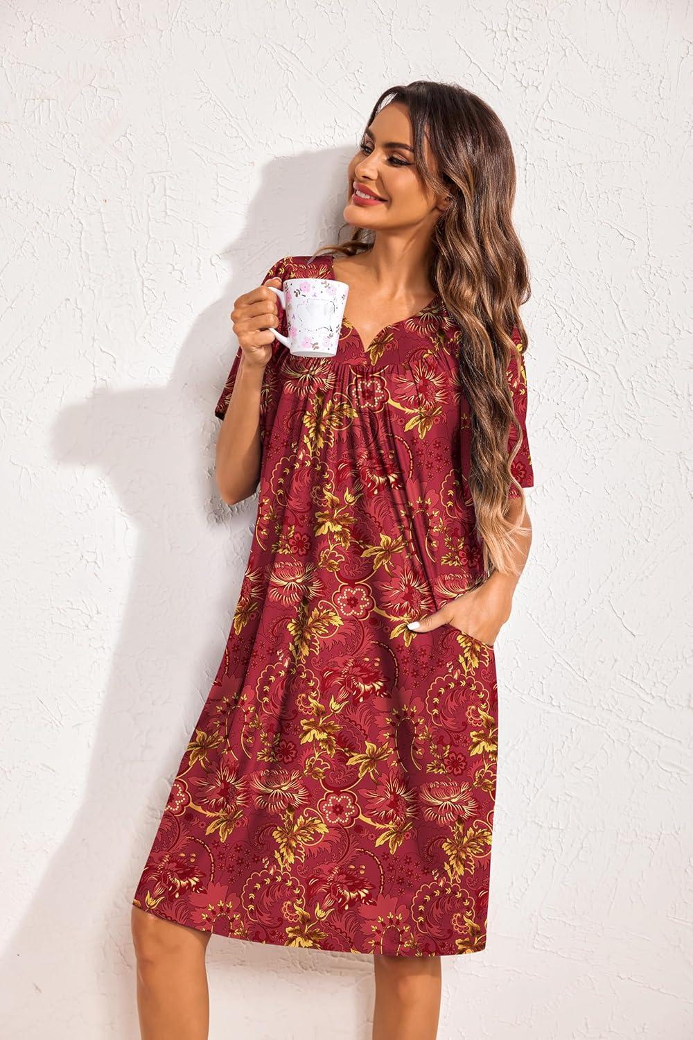 imageEkouaer 2 Pack House Dresses for Women with Pockets Short Sleeve Moo Moos Floral Print Mumu DressesBlue FloralRed Floral