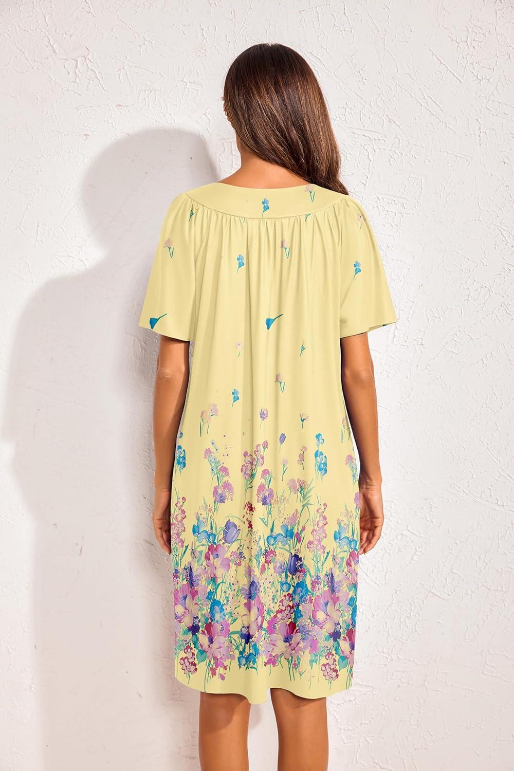 imageEkouaer 2 Pack House Dresses for Women with Pockets Short Sleeve Moo Moos Floral Print Mumu DressesBlue FloralYellow Butterfly