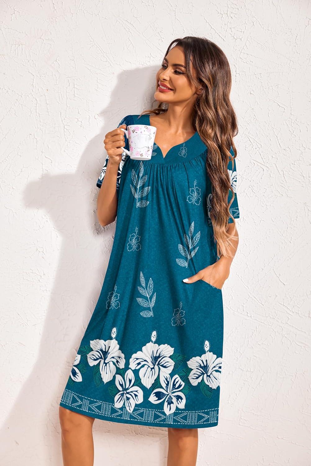 imageEkouaer 2 Pack House Dresses for Women with Pockets Short Sleeve Moo Moos Floral Print Mumu DressesBlue FlowerPurple Floral