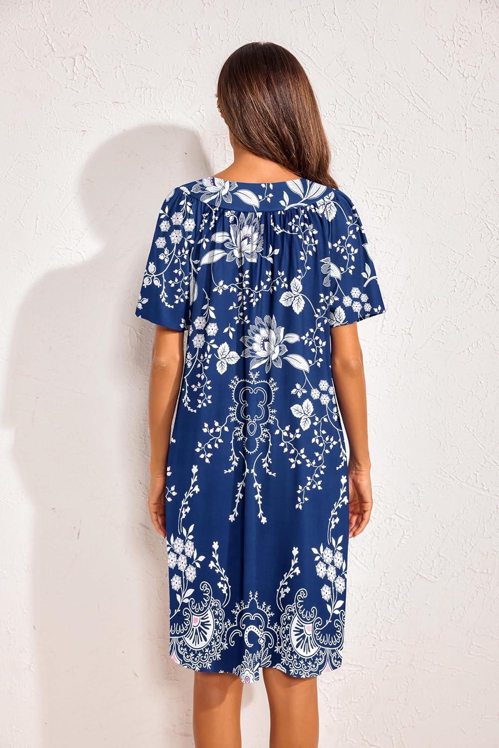 imageEkouaer 2 Pack House Dresses for Women with Pockets Short Sleeve Moo Moos Floral Print Mumu DressesPurple FloralEvening Blue Vines