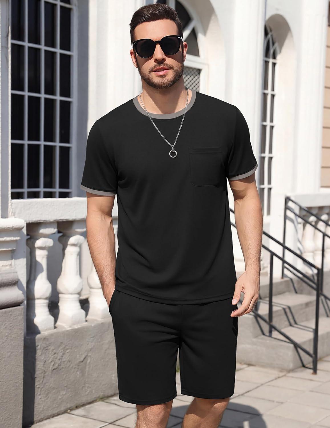 imageEkouaer Mens Pajamas Sets Shorts Soft Short Sleeve Pjs Breathable Quick Dry Summer Sleepwear Casual Lounge Sets with PocketsBlack