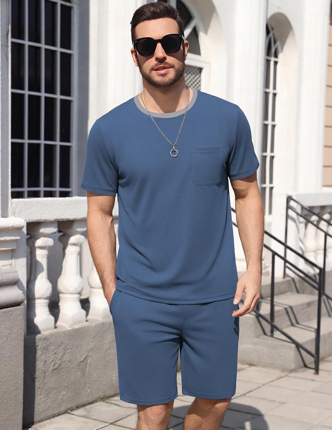 imageEkouaer Mens Pajamas Sets Shorts Soft Short Sleeve Pjs Breathable Quick Dry Summer Sleepwear Casual Lounge Sets with PocketsGrey Blue