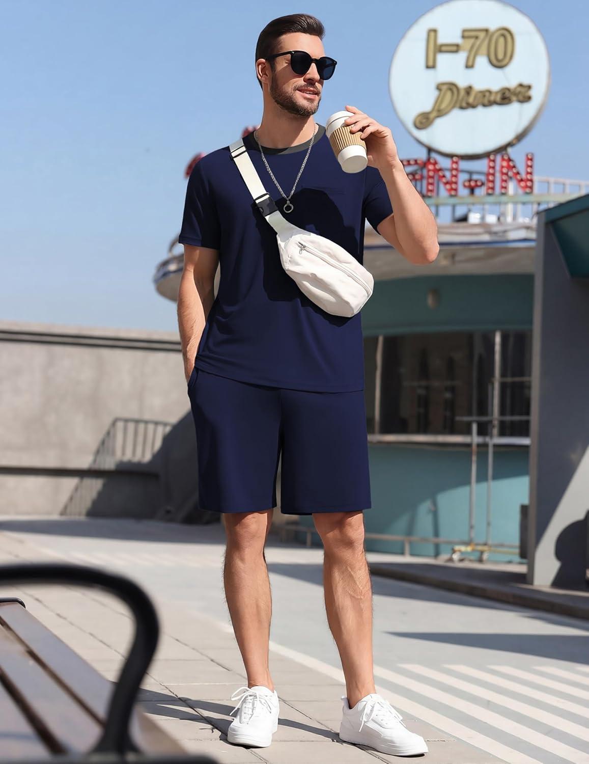 imageEkouaer Mens Pajamas Sets Shorts Soft Short Sleeve Pjs Breathable Quick Dry Summer Sleepwear Casual Lounge Sets with PocketsNavy Blue