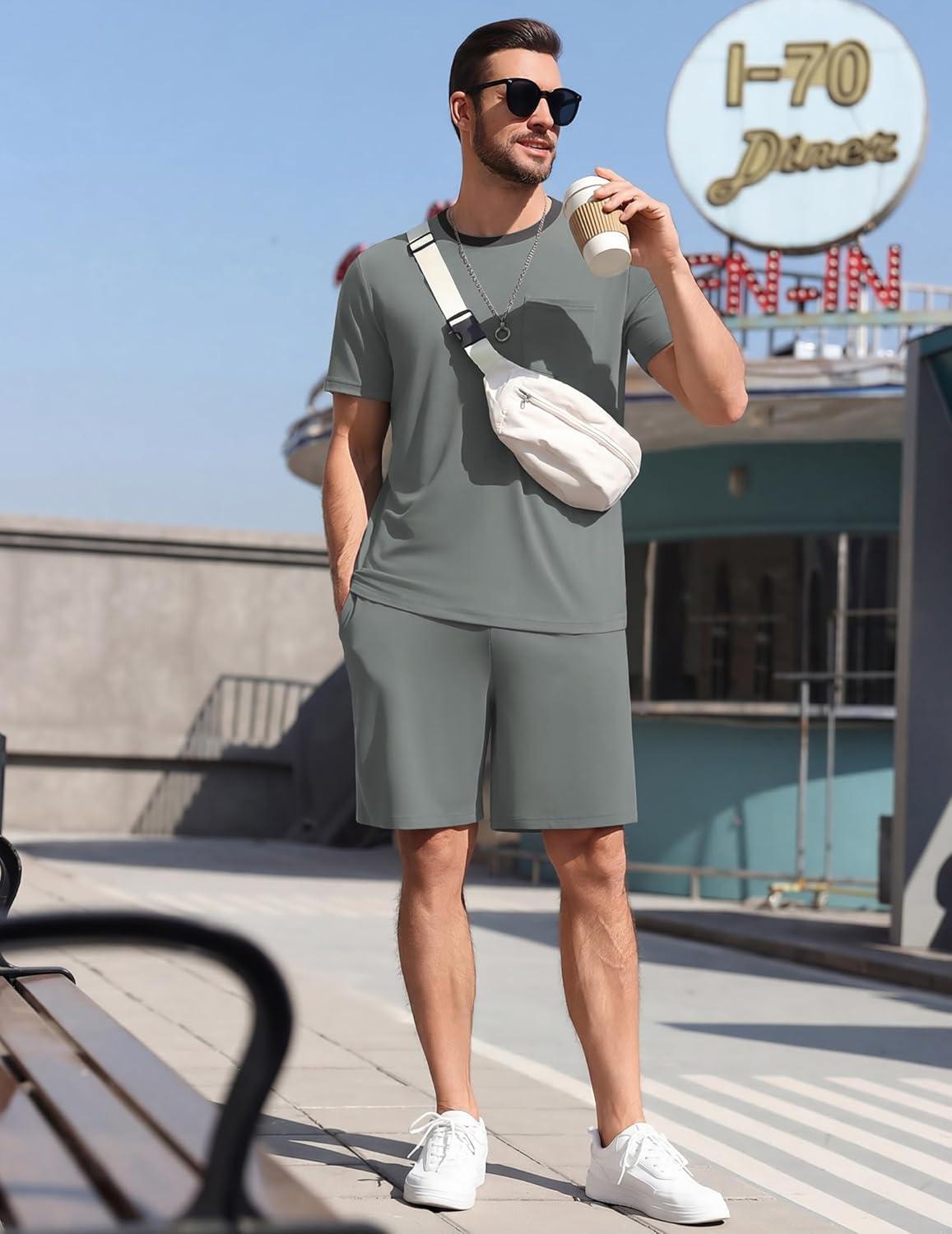 imageEkouaer Mens Pajamas Sets Shorts Soft Short Sleeve Pjs Breathable Quick Dry Summer Sleepwear Casual Lounge Sets with PocketsSage Green