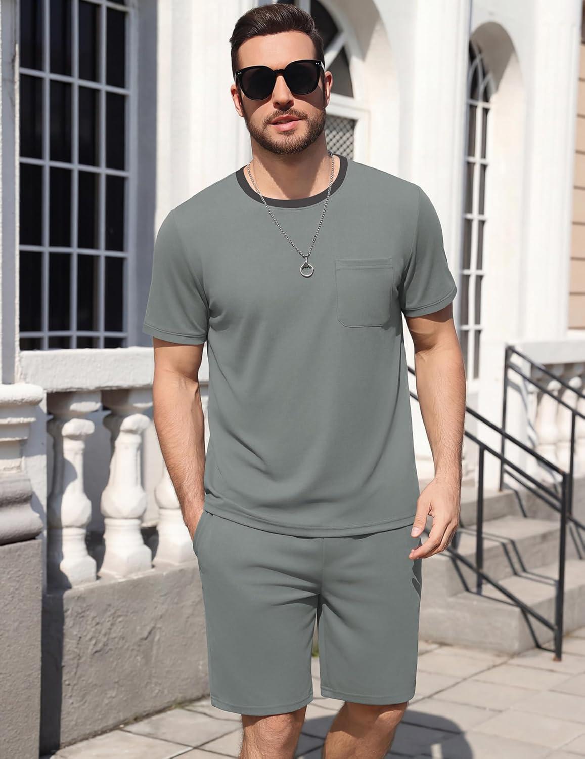 imageEkouaer Mens Pajamas Sets Shorts Soft Short Sleeve Pjs Breathable Quick Dry Summer Sleepwear Casual Lounge Sets with PocketsSage Green