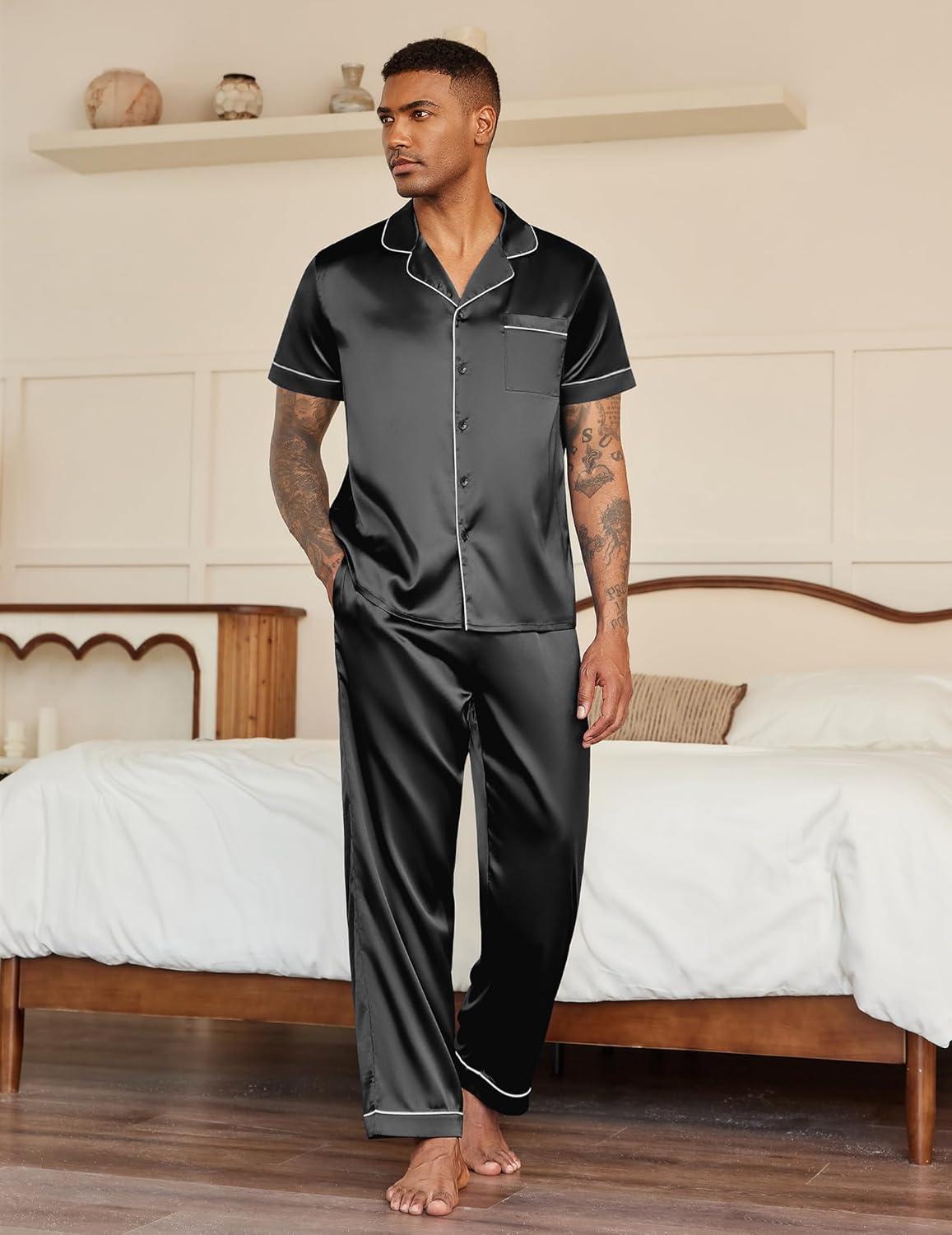 imageEkouaer Mens Satin Pajama Set Short Sleeve Button Down Sleepwear Classic Loungewear Set with Long PantsBlack
