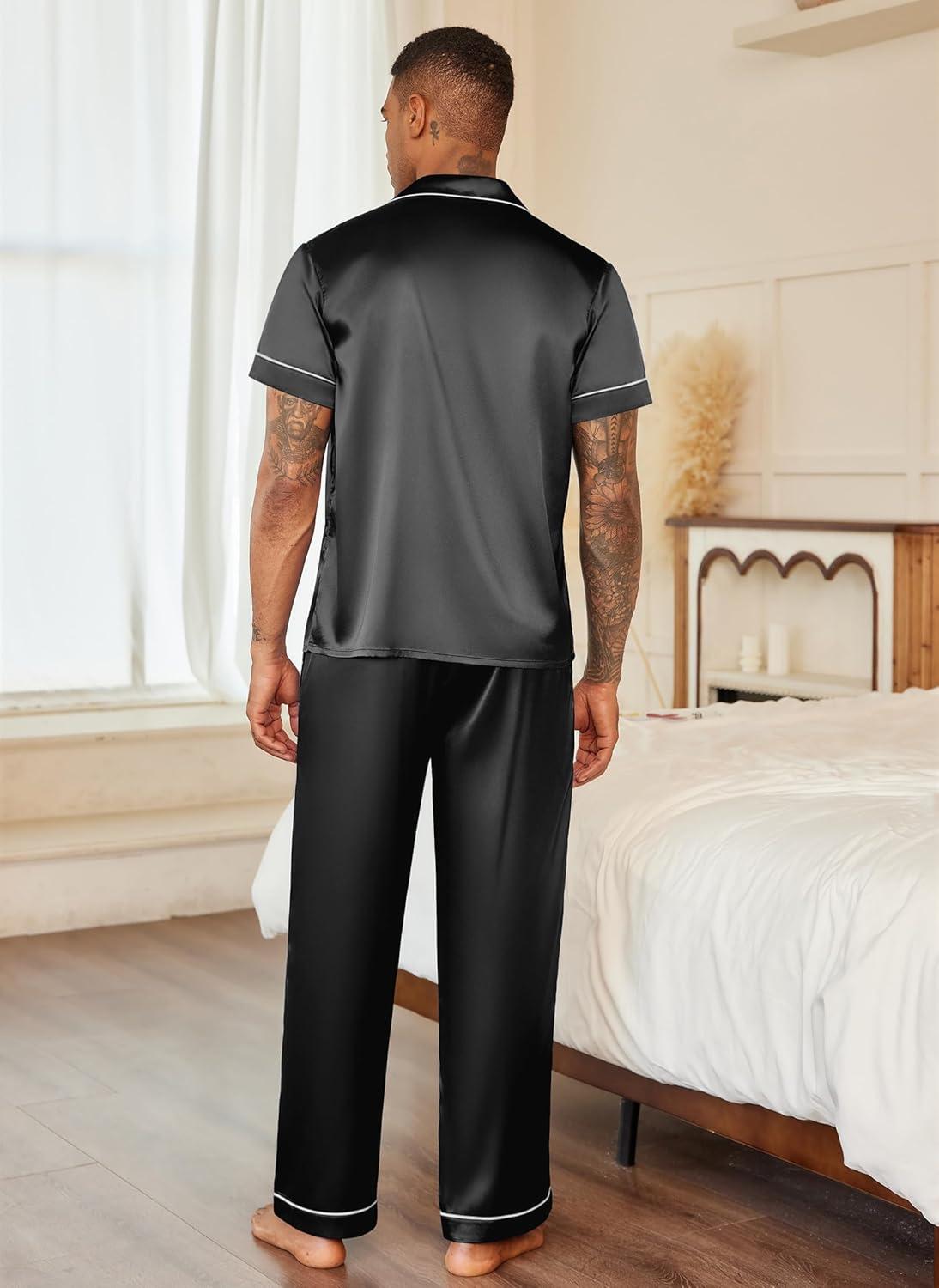 imageEkouaer Mens Satin Pajama Set Short Sleeve Button Down Sleepwear Classic Loungewear Set with Long PantsBlack