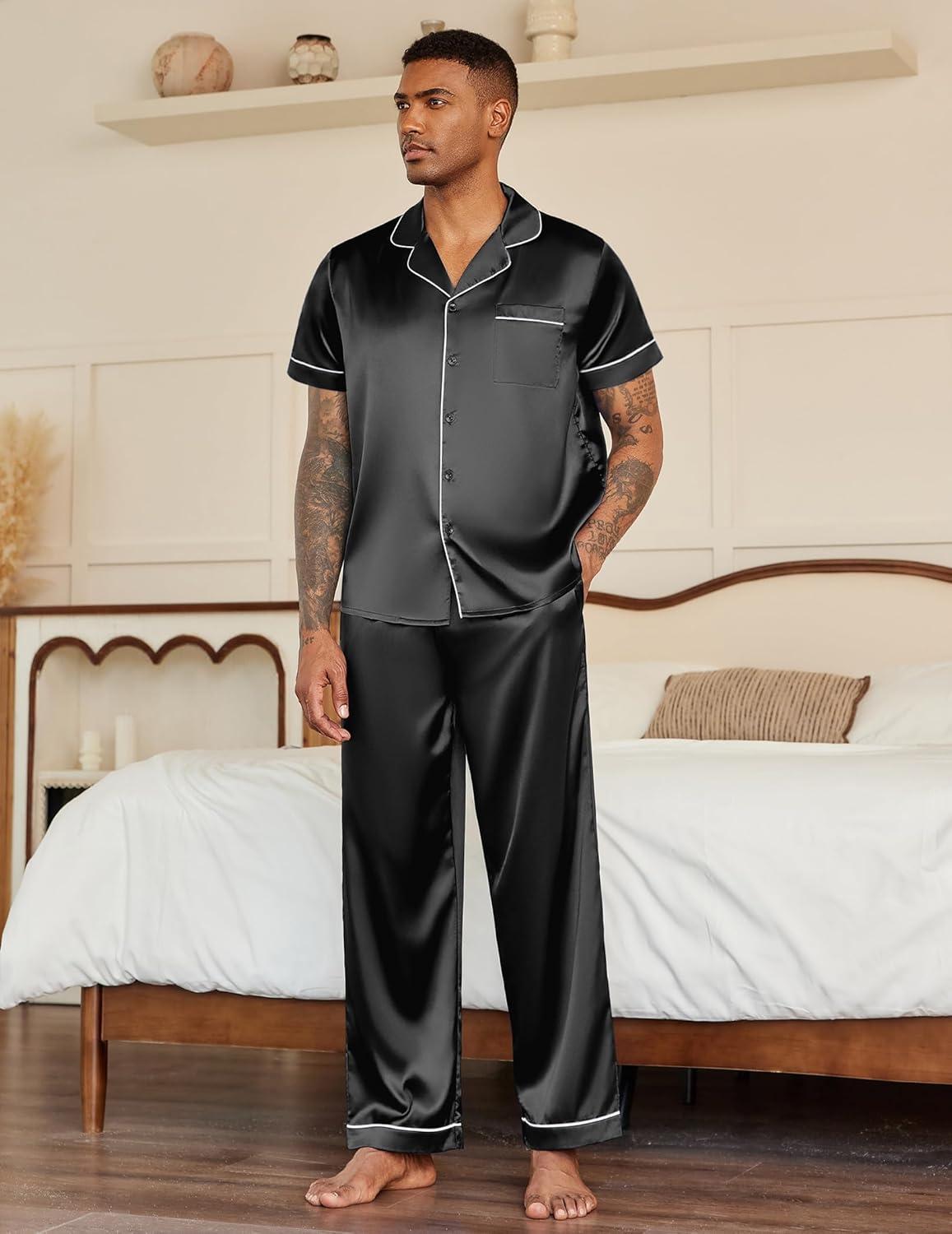 imageEkouaer Mens Satin Pajama Set Short Sleeve Button Down Sleepwear Classic Loungewear Set with Long PantsBlack