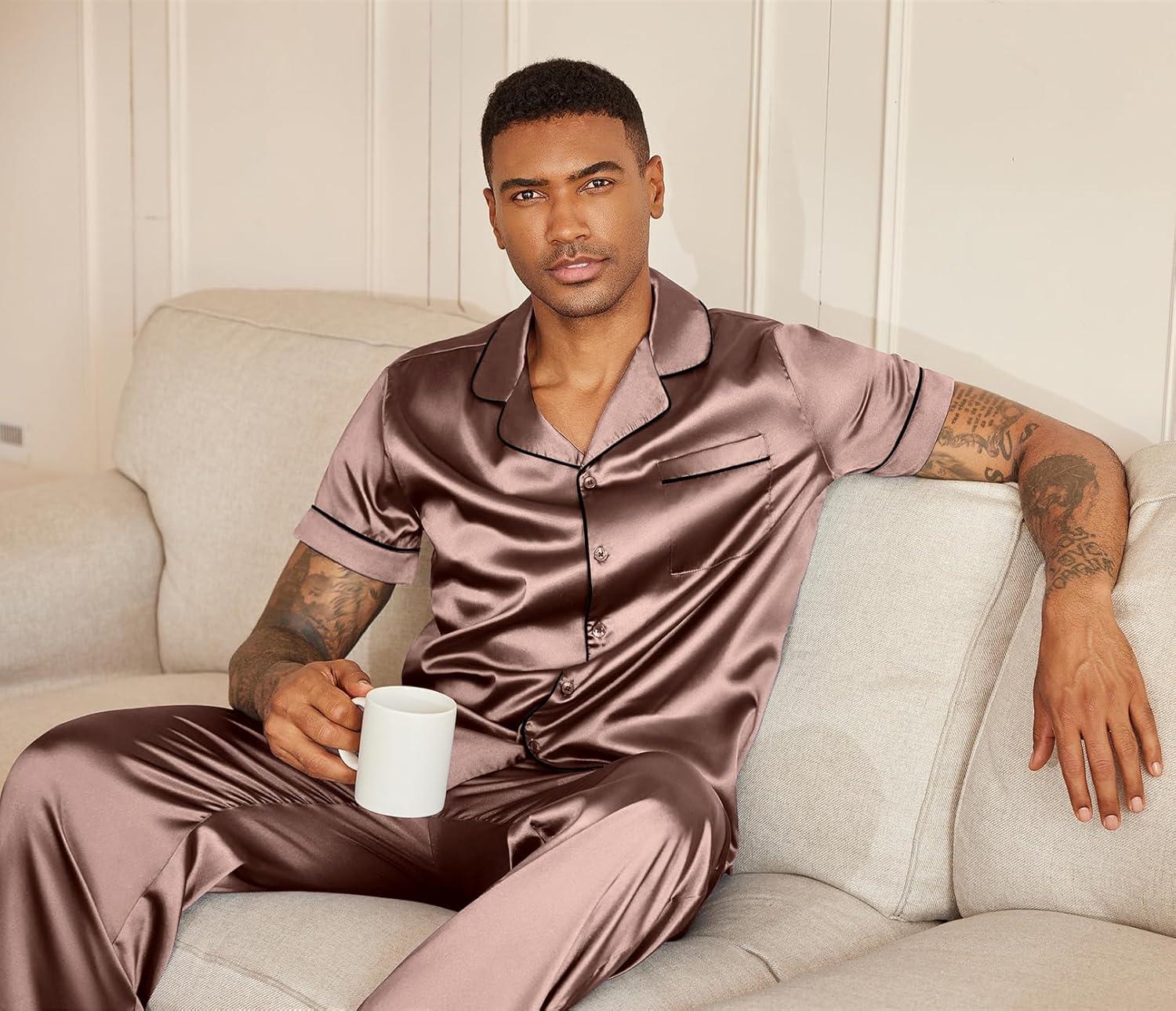 imageEkouaer Mens Satin Pajama Set Short Sleeve Button Down Sleepwear Classic Loungewear Set with Long PantsBrown