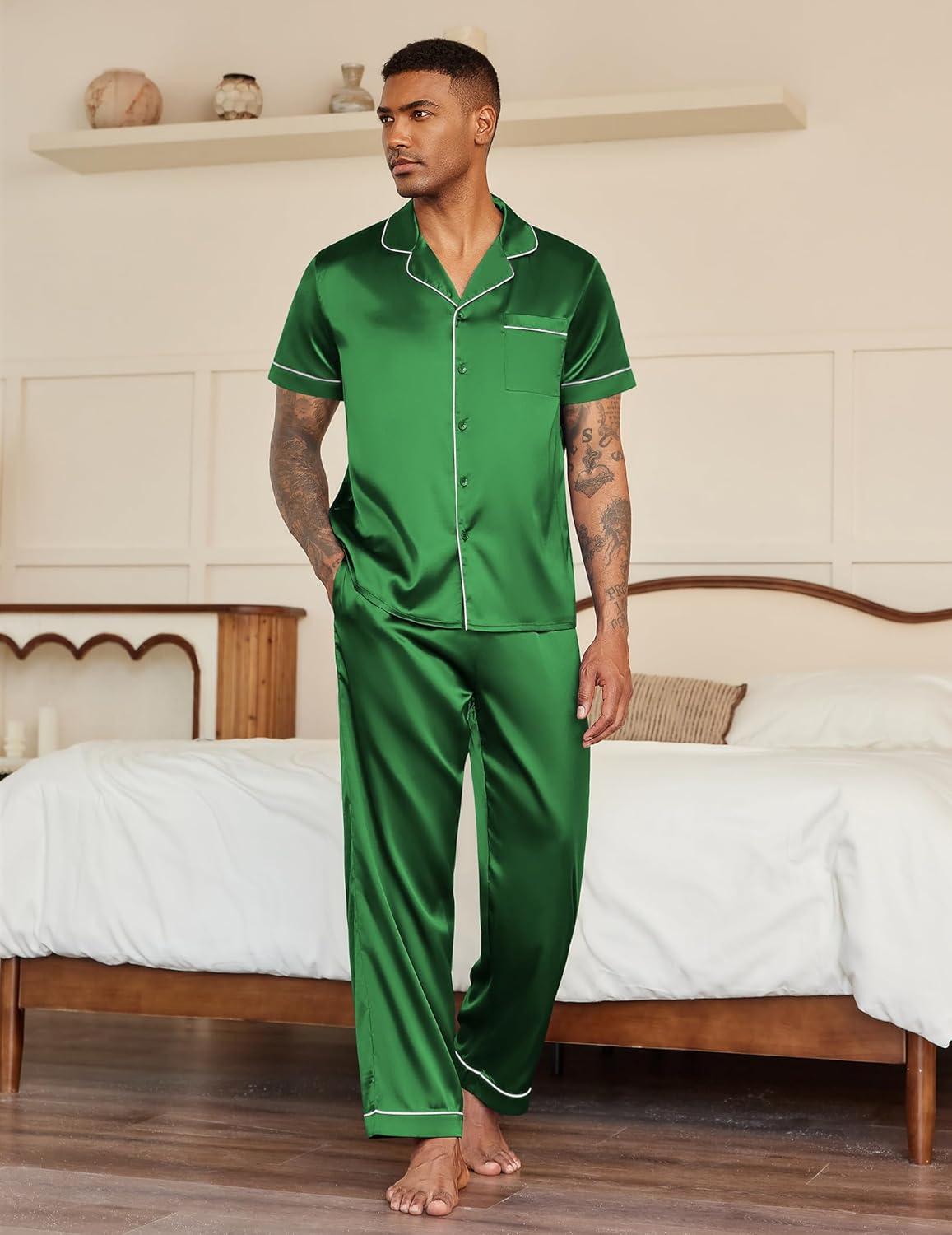 imageEkouaer Mens Satin Pajama Set Short Sleeve Button Down Sleepwear Classic Loungewear Set with Long PantsGreen
