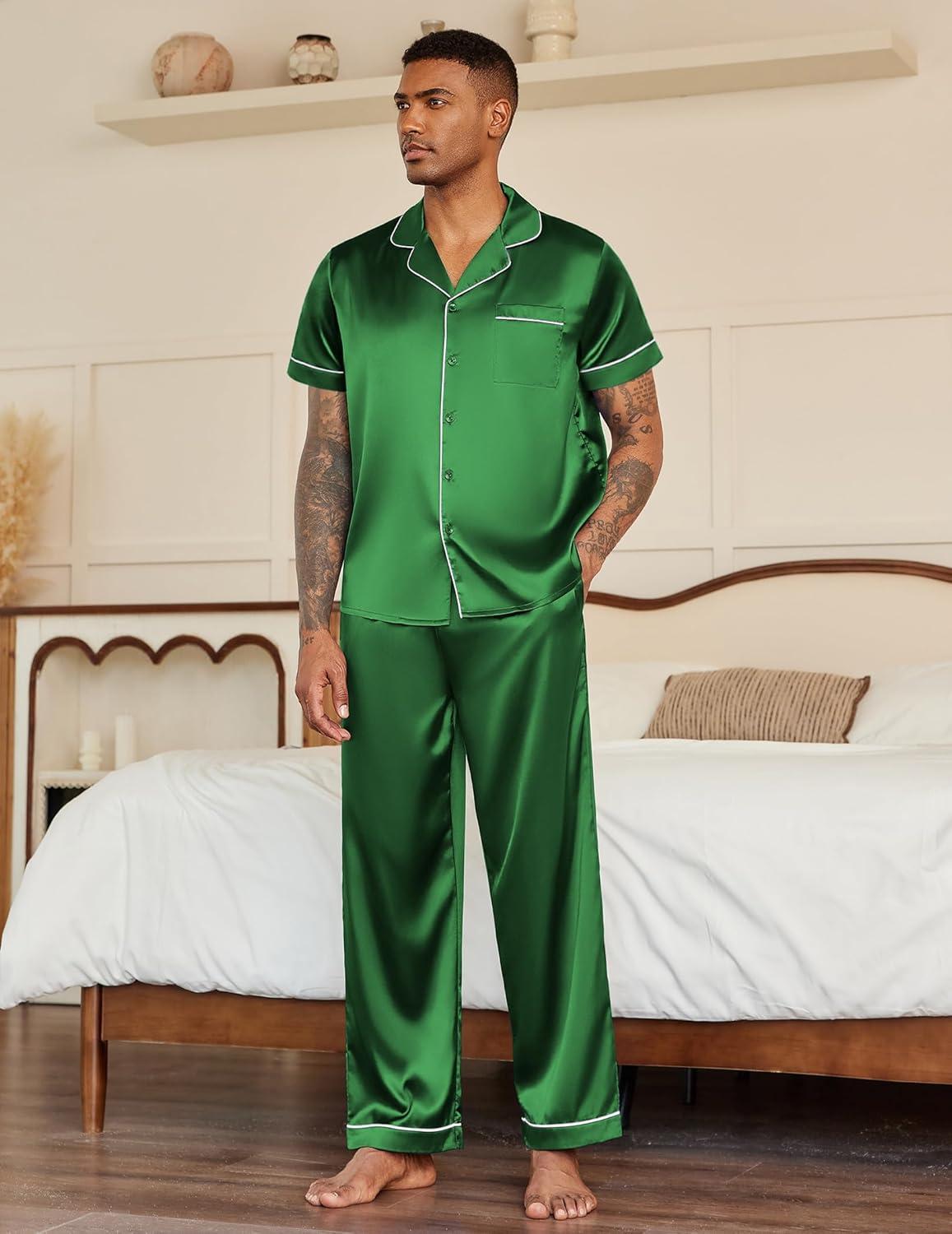 imageEkouaer Mens Satin Pajama Set Short Sleeve Button Down Sleepwear Classic Loungewear Set with Long PantsGreen